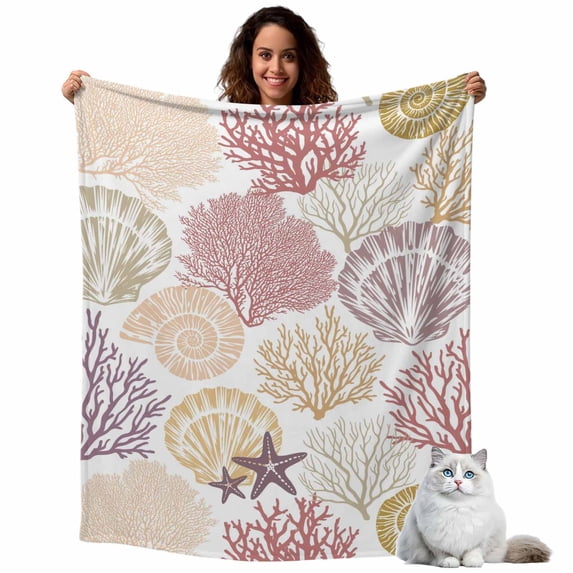 Nautical Shell Pink Coral Conch Throw Blanket Flannel Fleece Throws, Mbre Ocean Starfish Watercolor Lightweight Super Soft Warm Blankets for Couch Sofa Bed All Season Use, 40x50 in