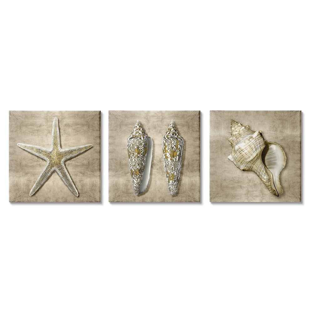 Nautical Shells Beach Starfish Gold Brown Animals & Insects Gallery-Wrapped Canvas Print Wall Art, Set of 3, 17x17