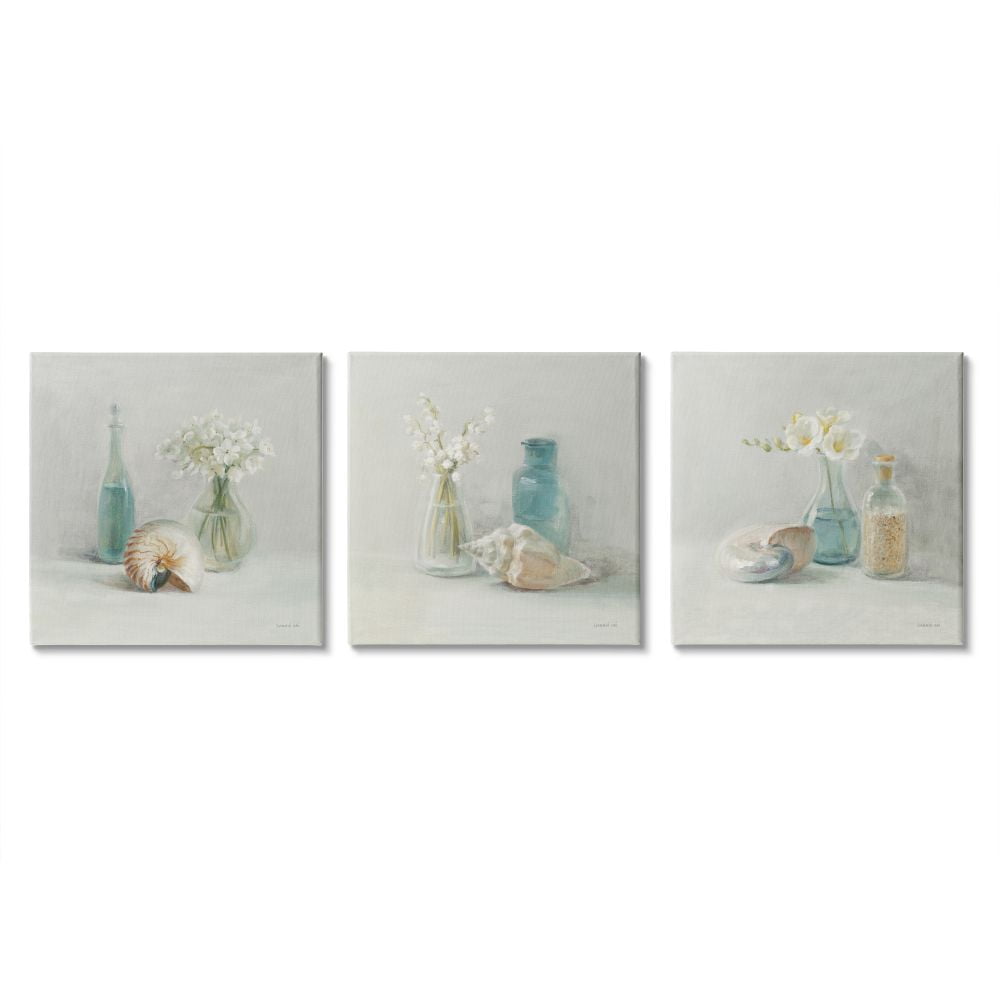 Nautical Shells and Florals Soft Jars Still Life Botanical & Floral Gallery-Wrapped Canvas Print Wall Art, Set of 3, 17x17