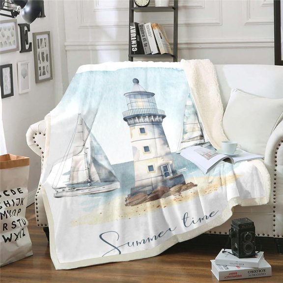 Nautical Sherpa Blanket Sailboat Lighthouse Blanket Watercolor Ocean Themed Throw Blanket for Travel 60x80 Summer Beach Fleece Blanket Decoratives Sea Adventure Bedroom Decor, Luxury White Light Blue