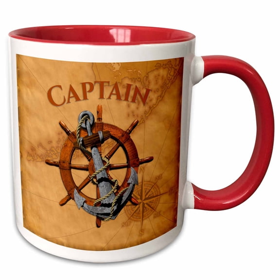 3drose, Nautical Ship Anchor and Helm on a Florida Keys Map for Captain., 11oz Two-tone Red Mug