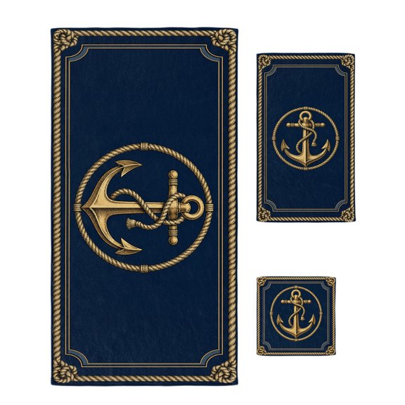 Nautical Ship Anchor Bath Towels Set of 3 with Bath Towel Hand Towel Washcloth, Coastal Vintage Rope Ocean Navy Blue Brown Towel Sets for Bathroom/Kitchen/Beach, Soft Absorbent Luxury Bath Towels