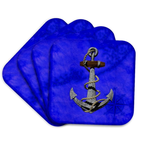 3drose, Nautical Ship Anchor on a Blue Sailing Map of the Florida Keys., Set of 4 Coasters - Soft