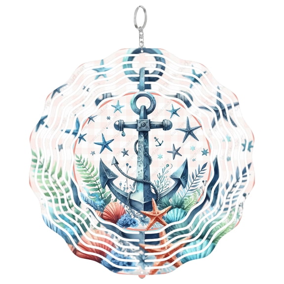 Nautical Ship Anchor Starfish Shells 3D Wind Spinner Aluminum Metal Sailor Knot Decor Round