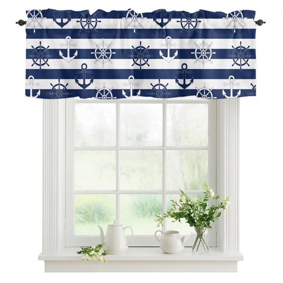 Nautical Ship Anchors Valances for Windows, Maritime Navy Blue Steering Wheels Striped Valance Rod Pocket Window Treatments Curtains for Kitchen Small Windows Living Room Bedroom Bathroom 42"x12"