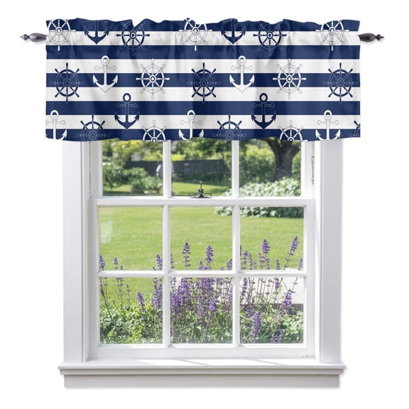 Nautical Ship Anchors Valances for Windows, Maritime Navy Blue Steering Wheels Striped Valance Window Treatment Rod Pocket Short Curtains Valances for Kitchen Bathroom 42"W x 12"L