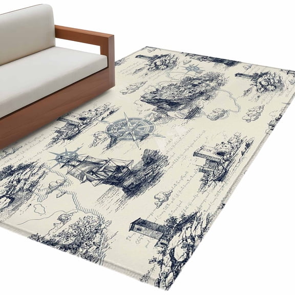 Nautical Ship Area Rug 4x6 Washable Rug Non Slip Retro Coastal Ocean Lighthouse Mountain Map Large Area Rug Indoor Floor Carpet for Entryway Bedroom Kitchen Living Room Office Dining Room Nursery