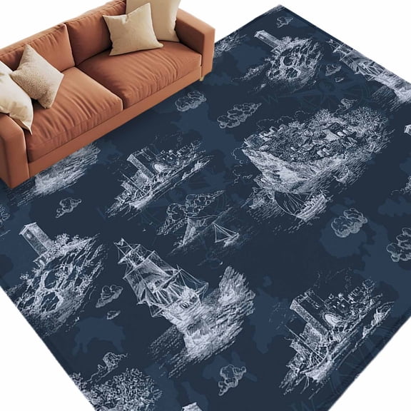 Nautical Ship Area Rug 5x8 Washable Rug Non Slip Farmhouse Blue Ocean Lighthouse Mountain Large Area Rug Soft Stainresistant Indoor Floor Carpet for Living Room Bedroom Office Dining Room Nursery