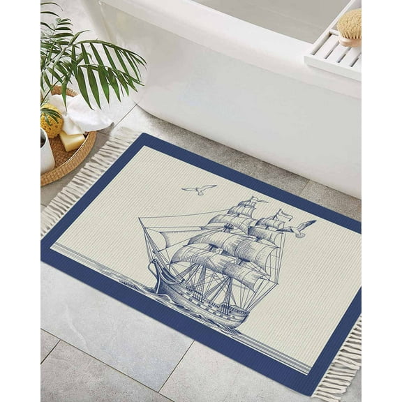 Nautical Ship Bath Rug 2x3ft Woven Bathroom Entryway Runner Rug,Blue Coastal Ocean Birds Boat Vintage Washable Living Room Hallway Bedroom Kitchen Carpet with Tassels,Indoor Outdoor Throw Doormat