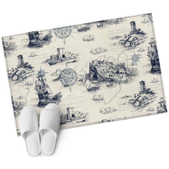 Nautical Ship Bathroom Rug Washable 2x3 Entryway Rug Non Slip Retro Coastal Ocean Lighthouse Mountain Map Front Door Mat Low Pile Indoor Doormat Throw Floor Carpet for Kitchen Bedroom Entrance