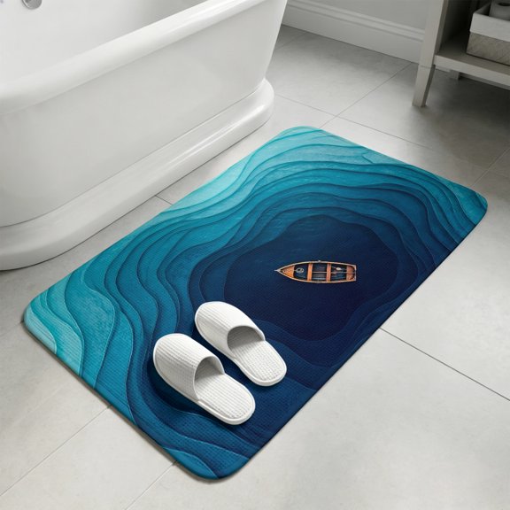 Nautical Ship Bathroom Rugs Non Slip Washable Bath Mat Absorbent Low Pile Front Door Mat Blue Coastal Boat Geometric Striped Indoor Doormat for Kitchen Entryway Shower Decor Accessories 15.7"x23.6"