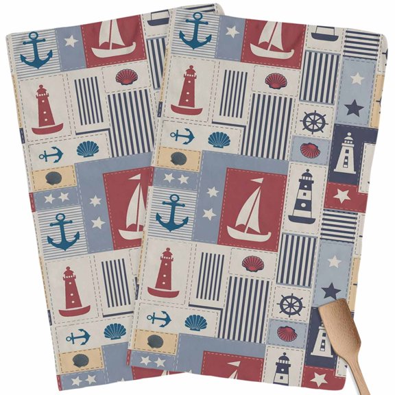 Nautical Ship Checked Kitchen Towel Dish Cloths Set of 2, Microfiber Soft Kitchen Hand Towels, Blue Coastal Sailboat Anchor Absorbent Quick Drying Dishcloths 18 x 28 Inches