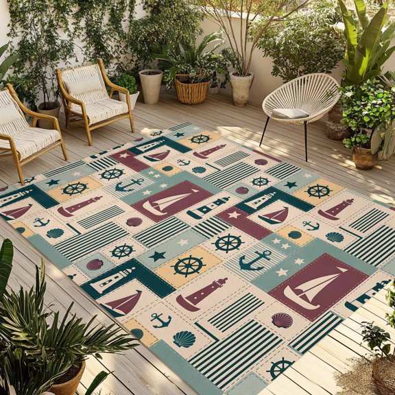 Nautical Ship Checked Outdoor Rug 3x5 Ft - Reversible Patio Rug Outdoor Camping Rugs, Teal Coastal Sailboat Anchor Washable Indoor Outdoor Area Rugs, Non-Slip Outdoor Carpet Runner for Deck/Porch