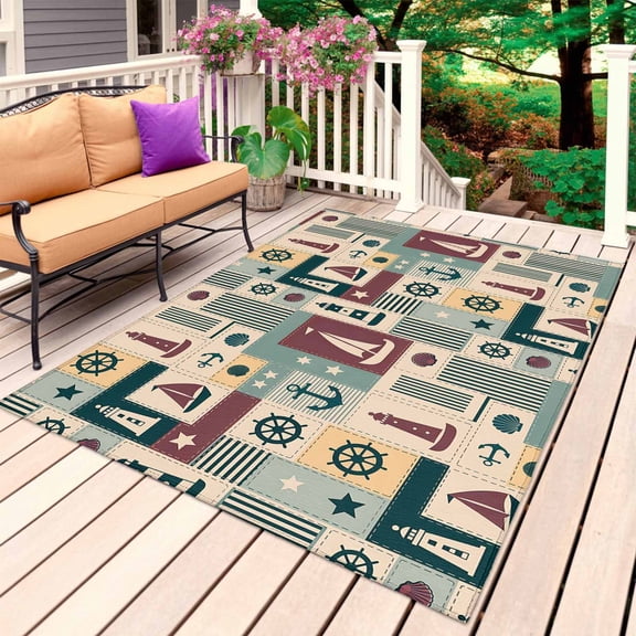 Nautical Ship Checked Outdoor Rug for Patio/Deck/Porch, Non-Slip Large Area Rug 4 x 6 Ft, Teal Coastal Sailboat Anchor Indoor Outdoor Rugs Washable Area Rugs, Reversible Camping Rug Carpet Runner