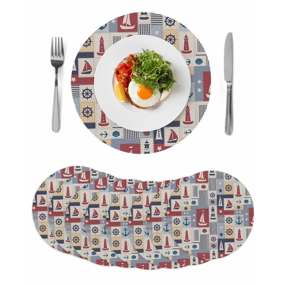 Nautical Ship Checked Round Placemats Set of 8 for Dinning Tables,Heat-proof Braided Table Mats 13 Inch,Blue Coastal Sailboat Anchor Washable Place Mat for Kitchen Restaurant Party Table Decor