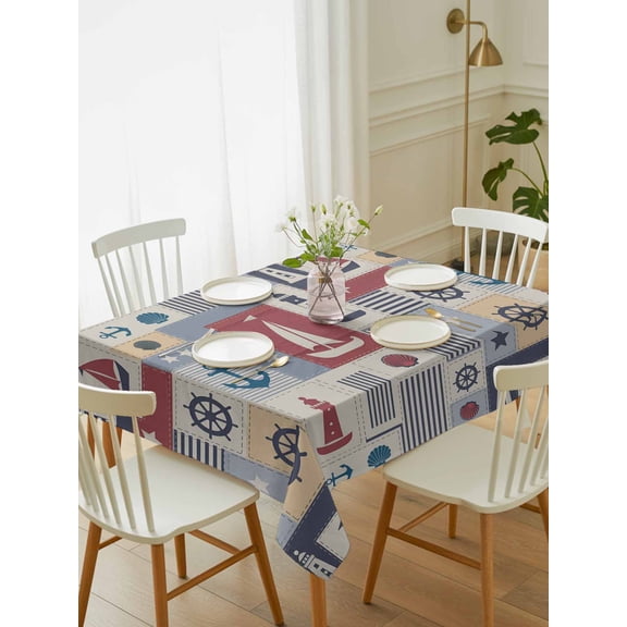 Nautical Ship Checked Tablecloth Rectangle Table Cloth 52x70, Waterproof Tablecloth Outdoor Table Cloth, Blue Coastal Sailboat Anchor Washable Table Cover for Kitchen Dinning Party