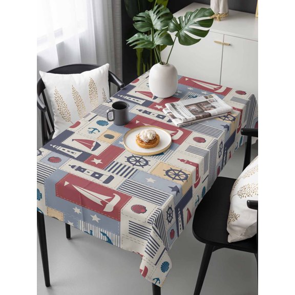 Nautical Ship Checked Tablecloth Rectangle Table Cloth 60x120, Waterproof Tablecloth Outdoor Table Cloth, Blue Coastal Sailboat Anchor Washable Table Cover for Kitchen Dinning Party