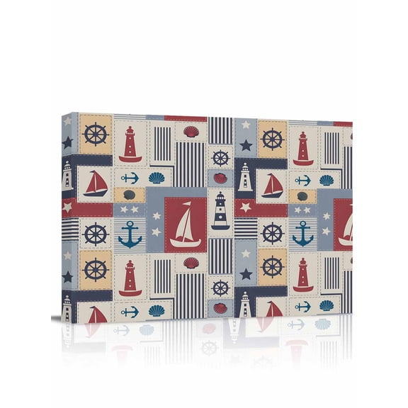 Nautical Ship Checked Wall Art for Living Room,Canvas Picture Wall Decor for Bathroom Bedroom,Blue Coastal Sailboat Anchor Painting Artwork for Office Kitchen Hallway Dining Room Home Decor 12"x16"