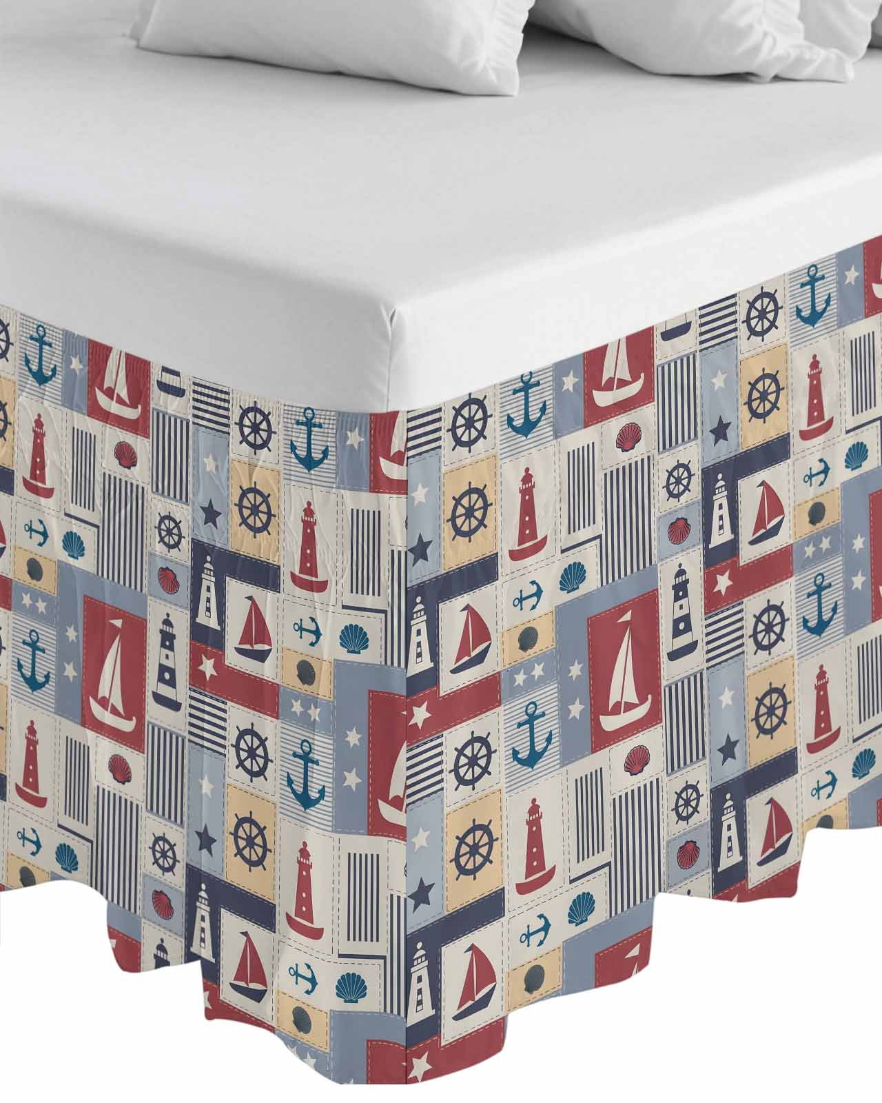 Nautical Ship Checked Wrap Around Bed Skirts for Queen Bed 16" Drop,Bed Skirt with Adjustable Elastic Belt Dust Ruffle Bed Valance for Bedroom Hotel Blue Coastal Sailboat Anchor Bed Frame Cover