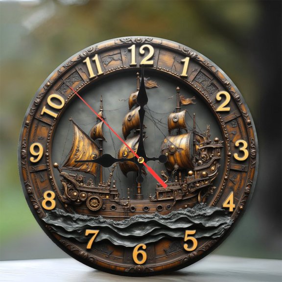 Nautical Ship Clock 10-Inch Silent Wooden Wall Clock, Battery Operated (AA Batteries Not Included), Artistic Home Decor