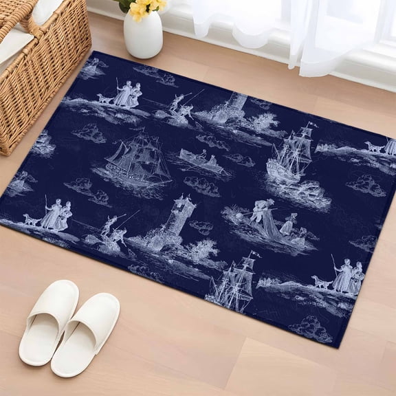 Nautical Ship Entryway Rug 2'x3' Non Slip Front Door Mats, Blue Vintage Coastal Ocean Lighthouse Map Entrance Rugs Indoor Outdoor Carpet, Washable Floor Mats Small Area Rug for Bedroom Kitchen