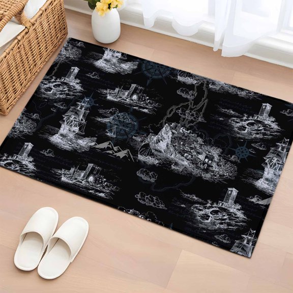 Nautical Ship Entryway Rug 2'x3' Non Slip Front Door Mats, Vintage Black Coastal Lighthouse Mountain Entrance Rugs Indoor Outdoor Carpet, Washable Floor Mats Small Area Rug for Bedroom Kitchen