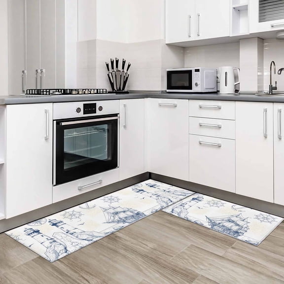Nautical Ship Lighthouse 2 Pieces Non-Slip Kitchen Mat Set Ocean Anchor Rudder Lines Art Soft Door Mat with Rubber Backing,Dirtproof Rugs for Entrance Doorway 15.7x23.6in+15.7x47.2in