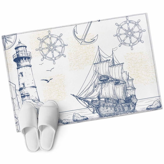 Nautical Ship Lighthouse 2'x3' Washable Rug, Ocean Anchor Rudder Lines Art Non-Slip Soft Doormat Area Rugs for Entrance Bathroom Bedsides, Carpet for Kitchen Bedroom, Entryway Floor Mat