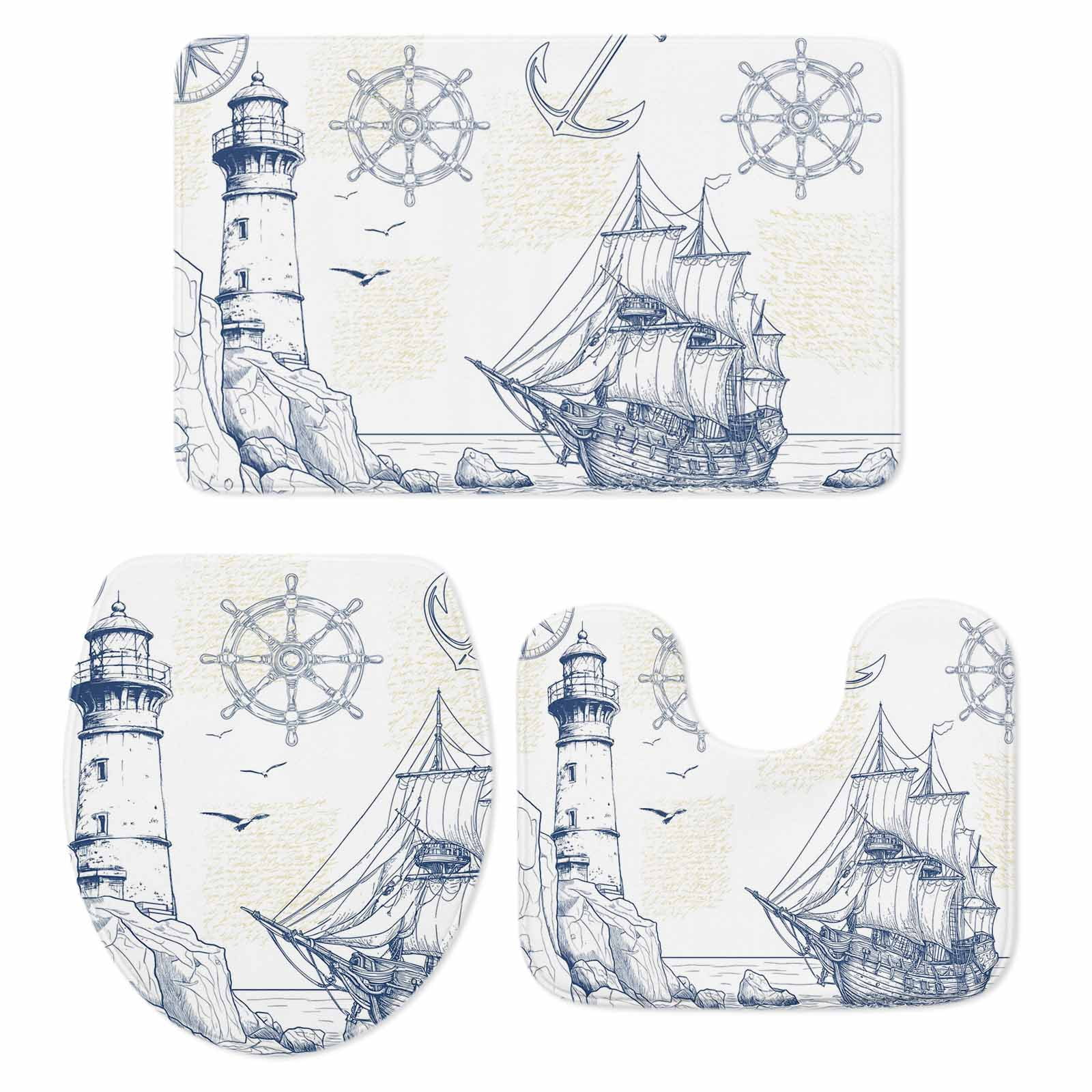 Nautical Ship Lighthouse Bath Mat 3 Piece Bathroom Rug Set, Ocean Anchor Rudder Lines Art Non Slip Bath Rug Contour Mat and Toilet Lid Cover, Absorbent Shower Mats Soft Bath Rugs and Mats Sets
