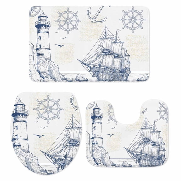 Nautical Ship Lighthouse Bath Mat 3 Piece Bathroom Rug Set, Ocean Anchor Rudder Lines Art Non Slip Bath Rug Contour Mat and Toilet Lid Cover, Absorbent Shower Mats Soft Bath Rugs and Mats Sets