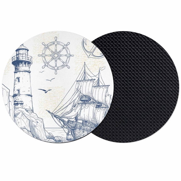 Nautical Ship Lighthouse Coasters Set of 2, Ocean Anchor Rudder Lines Art Absorbent Coasters for Drinks, Coaster for Bar Office Dining Coffee Table Accessories Decor, Non Slip Round Desk Coaster