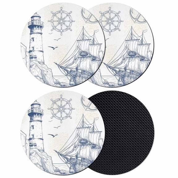 Nautical Ship Lighthouse Coasters Set of 4, Soft Absorbent Coasters for Drinks, Ocean Anchor Rudder Lines Art Non-Slip Cup Coaster Mat with Rubber Bottom for Home Kitchen Coffee Bar Table Decor 4"