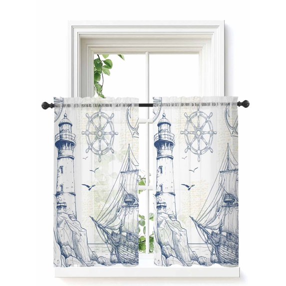 Nautical Ship Lighthouse Curtains 54 Inch Length,Sheer Curtains for Bedroom Living Room Window Ocean Anchor Rudder Lines Art Rod Pocket Drapes Kitchen Curtains Small Half Window 42"x54" 2 Panels