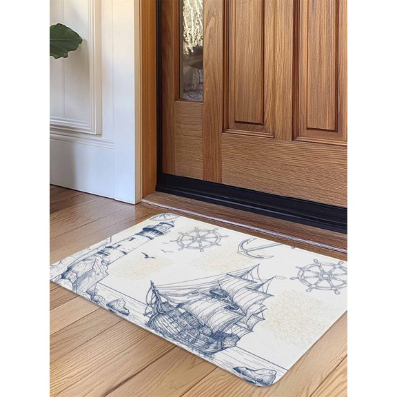Nautical Ship Lighthouse Door Mat Indoor Outdoor Entrance,Non Slip Small Rug for Kitchen Bathroom Entryway Rug,Ocean Anchor Rudder Lines Art Washable Doormat Floor Mat for Office Home 16x24 Inch