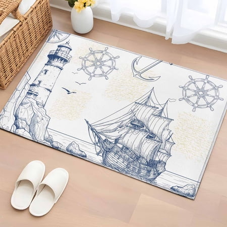 Nautical Ship Lighthouse Entryway Rugs 2'x3', Non Slip Area Rugs for Entrance Door, Ocean Anchor Rudder Lines Art Washable Low Pile Indoor Floor Carpet Doormat for Front Door Bathroom Kitchen Bedroom