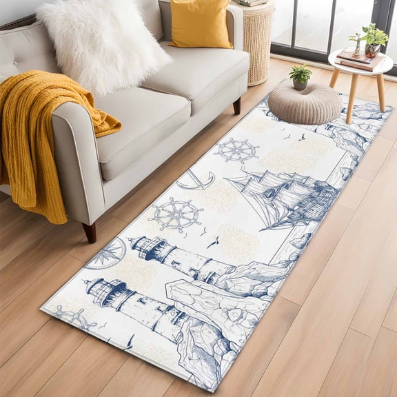 Nautical Ship Lighthouse Hallway Runner Rug 2'x6', Non Slip Area Rugs for Entryway, Ocean Anchor Rudder Lines Art Washable Low Pile Indoor Floor Carpet for Laundry Room Bedroom Kitchen Corridor