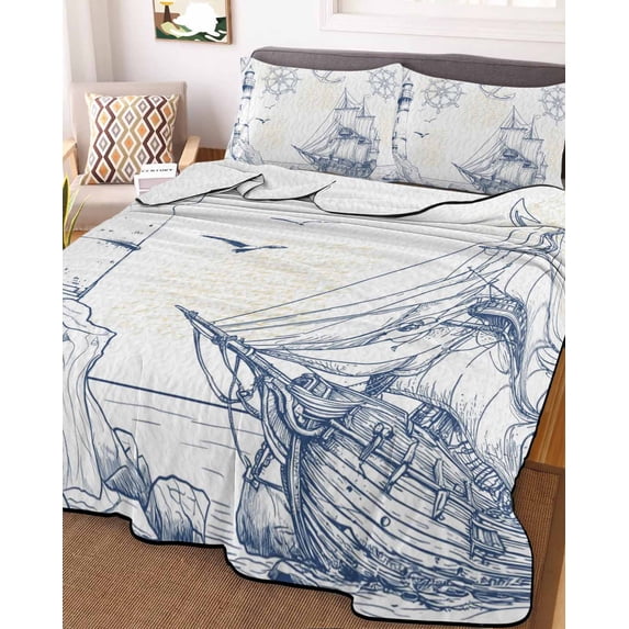 Nautical Ship Lighthouse King Size Down Alternative Comforter, Lightweight Comforter Quilt Bedding Set with Pillow Shams Ocean Anchor Rudder Lines Art All Seasons Bed Comforter Duvet Insert 96"x106"