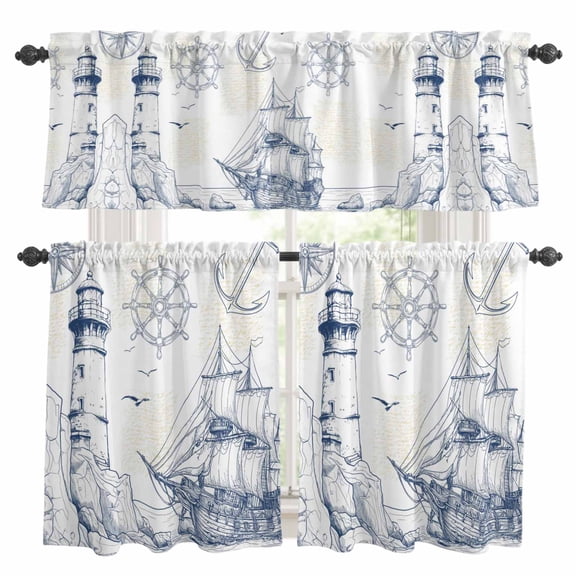 Nautical Ship Lighthouse Kitchen Curtains, Kitchen Curtains and Valances Set of 3, Ocean Anchor Rudder Lines Art Light Filtering Tailored Tier Curtain 24 Inch Length Drapes for Cafe Sink Bedroom