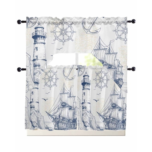 Nautical Ship Lighthouse Kitchen Curtains Sets 24 Inch Length with Valance, Ocean Anchor Rudder Lines Art Swag Valances and Tiers Curtain Set Drapes Swag Curtains for Living Room, Bathroom, Bedroom