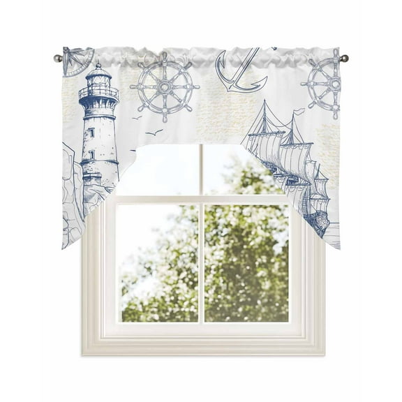 Nautical Ship Lighthouse Kitchen Curtains Swag Valance for Windows/Bathroom/Cafe, Ocean Anchor Rudder Lines Art Rod Pocket Drape Panel Swag Curtains Valance for Bedroom/Living Room 56"x36"