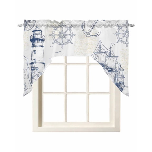 Nautical Ship Lighthouse Kitchen Swag Valances for Windows, Ocean Anchor Rudder Lines Art Swag Valances Curtains for Living Room, Rod Pocket Window Treatments for Bathroom, Bedroom, Cafe, 56"x36"