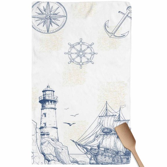 Nautical Ship Lighthouse Kitchen Towel Dish Cloths Set of 1, Microfiber Soft Kitchen Hand Towels, Ocean Anchor Rudder Lines Art Absorbent Quick Drying Dishcloths 18 x 28 Inches