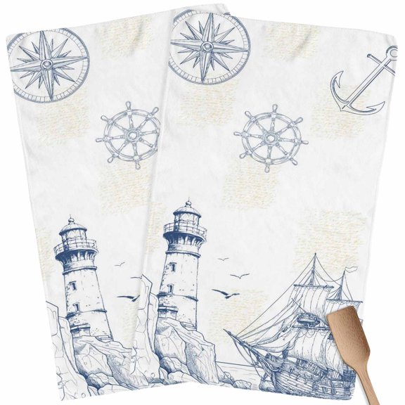 Nautical Ship Lighthouse Kitchen Towel Dish Cloths Set of 2, Microfiber Soft Kitchen Hand Towels, Ocean Anchor Rudder Lines Art Absorbent Quick Drying Dishcloths 18 x 28 Inches