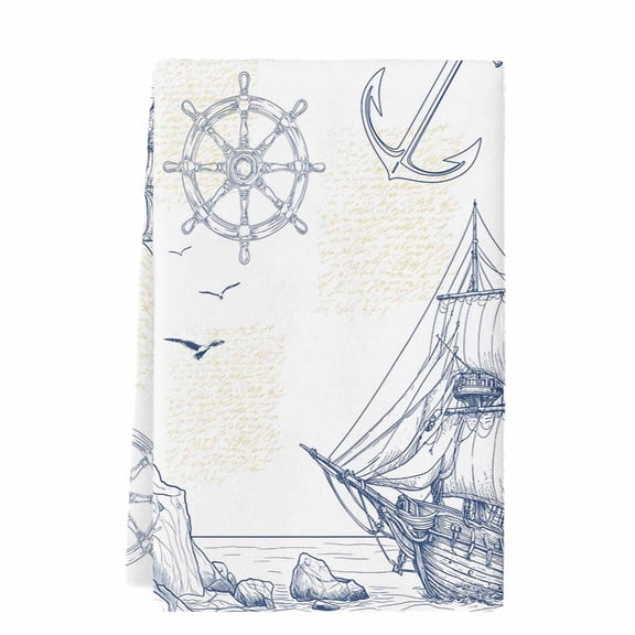 Nautical Ship Lighthouse Kitchen Towels Set of 1, Absorbent Microfiber Dish Tea Towels with Hanging Loop, Ocean Anchor Rudder Lines Art Resuable Hand Towel for Home Kitchen Cooking Cleaning 18"x28"