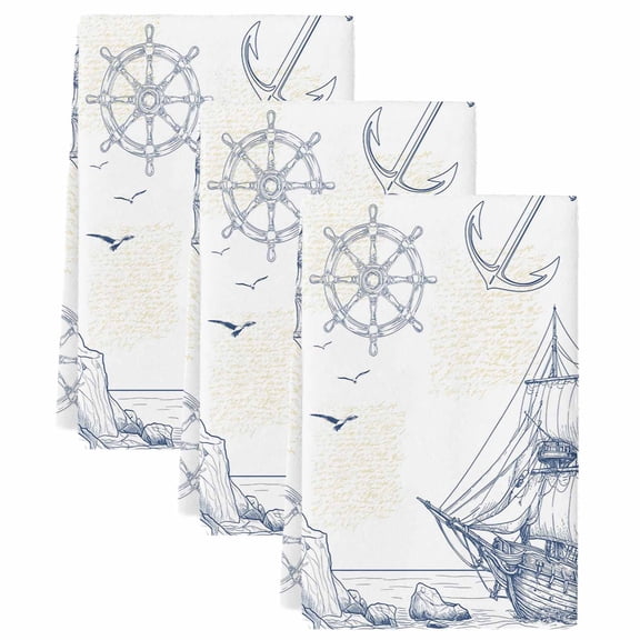 Nautical Ship Lighthouse Kitchen Towels Set of 3, Absorbent Microfiber Dish Tea Towels with Hanging Loop, Ocean Anchor Rudder Lines Art Resuable Hand Towel for Home Kitchen Cooking Cleaning 18"x28"