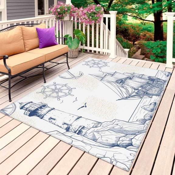 Nautical Ship Lighthouse Outdoor Rug for Patio/Deck/Porch, Non-Slip Large Area Rug 3 x 5 Ft, Ocean Anchor Rudder Lines Art Indoor Outdoor Rugs Washable Area Rugs, Reversible Camping Rug Carpet Runner