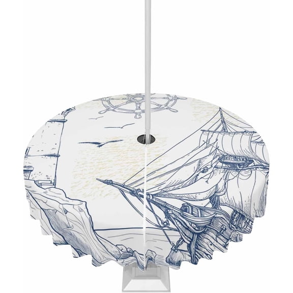 Nautical Ship Lighthouse Outdoor Tablecloth with Umbrella Hole Round, Ocean Anchor Rudder Lines Art Waterproof Table Cloth Washable Wipeable Cover Spill Proof for Patio Spring Summer Picnic BBQ 60"