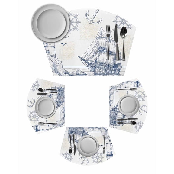 Nautical Ship Lighthouse Round Placemats Set of 2, Ocean Anchor Rudder Lines Art Placemats for Round Dining Table Shape Wedge Placemats for Outdoor Indoor Wipeable Clean Table Place Mats