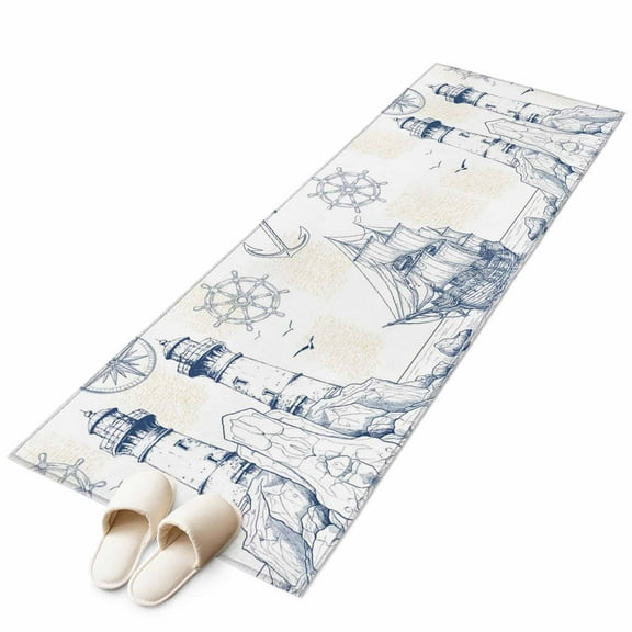 Nautical Ship Lighthouse Runner Rug 2x6 FT,Non Slip Hallway Carpet,Ocean Anchor Rudder Lines Art Washable Soft Floor Carpet Non-Shedding Throw Runner Carpet Long Rug for Entryway Kitchen Bedside