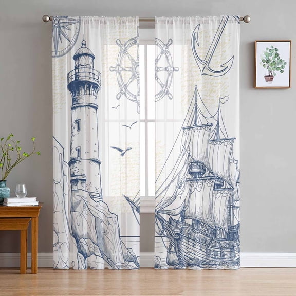 Nautical Ship Lighthouse Sheer Curtains 72 Inches Long 2 Panels Set, Window Sheer Curtains for Living Room/Bedroom, Ocean Anchor Rudder Lines Art Light Filtering Rod Pocket Curtain 52'' x 72'' x 2